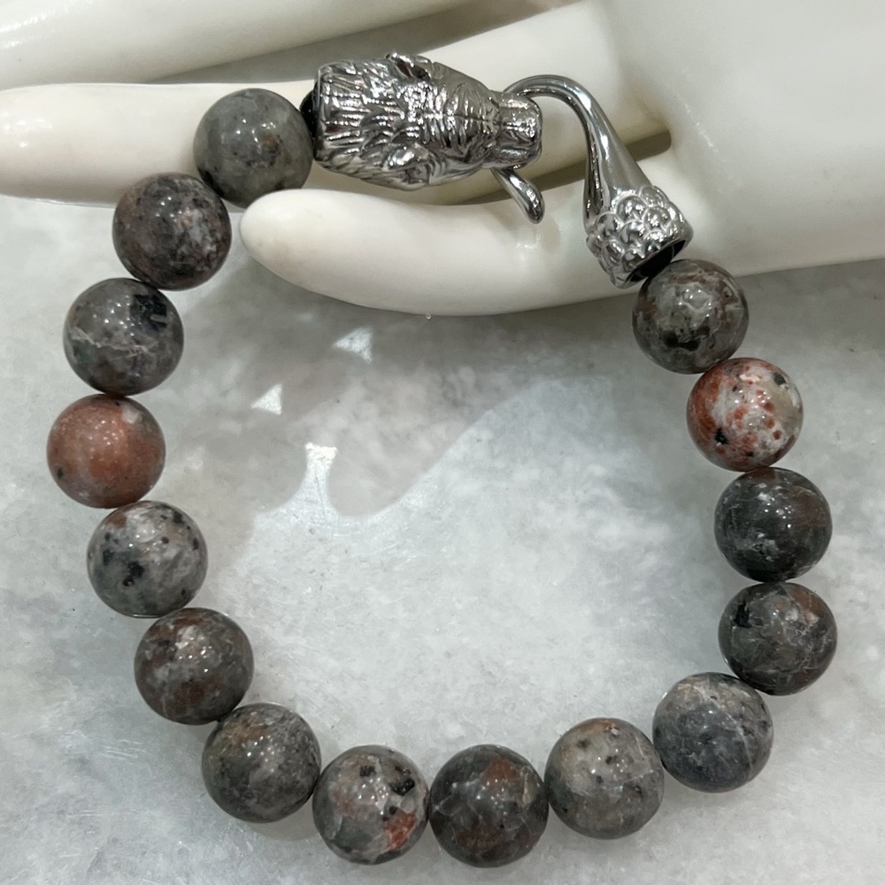 Natural Yooperlite Beaded Panther Silver Bracelet 7.25”